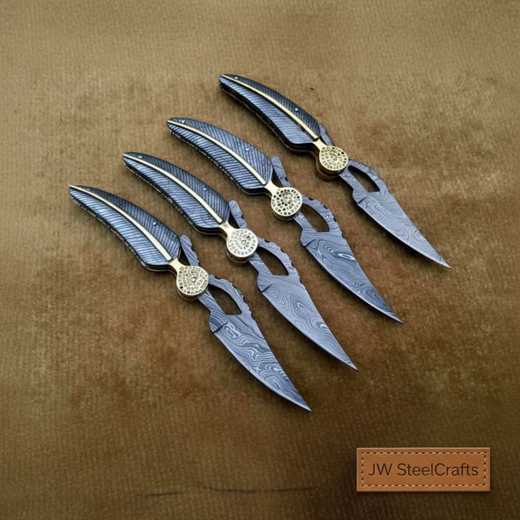 Handmade Damascus Folding Knife Set of 4 – Matching Pocket Knives with Decorative Spine