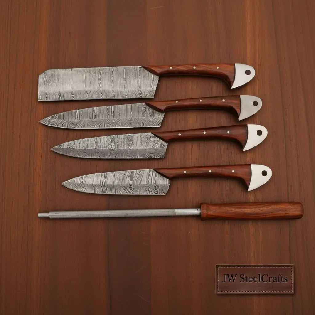 Hand-Forged Damascus Chef Knife Set with Leather Roll & Sharpening Rod - Rosewood Handle Collection
