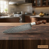 13" Raindrop Damascus Kiritsuke Kitchen Knife — 8" Blade with Rosewood Handle & Steel Bolster