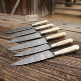 Damascus Steak Knife Set of 6 — Twisted Damascus Blades, Bone Handles, Steel Bolster, Mosaic Pin & Full Tang