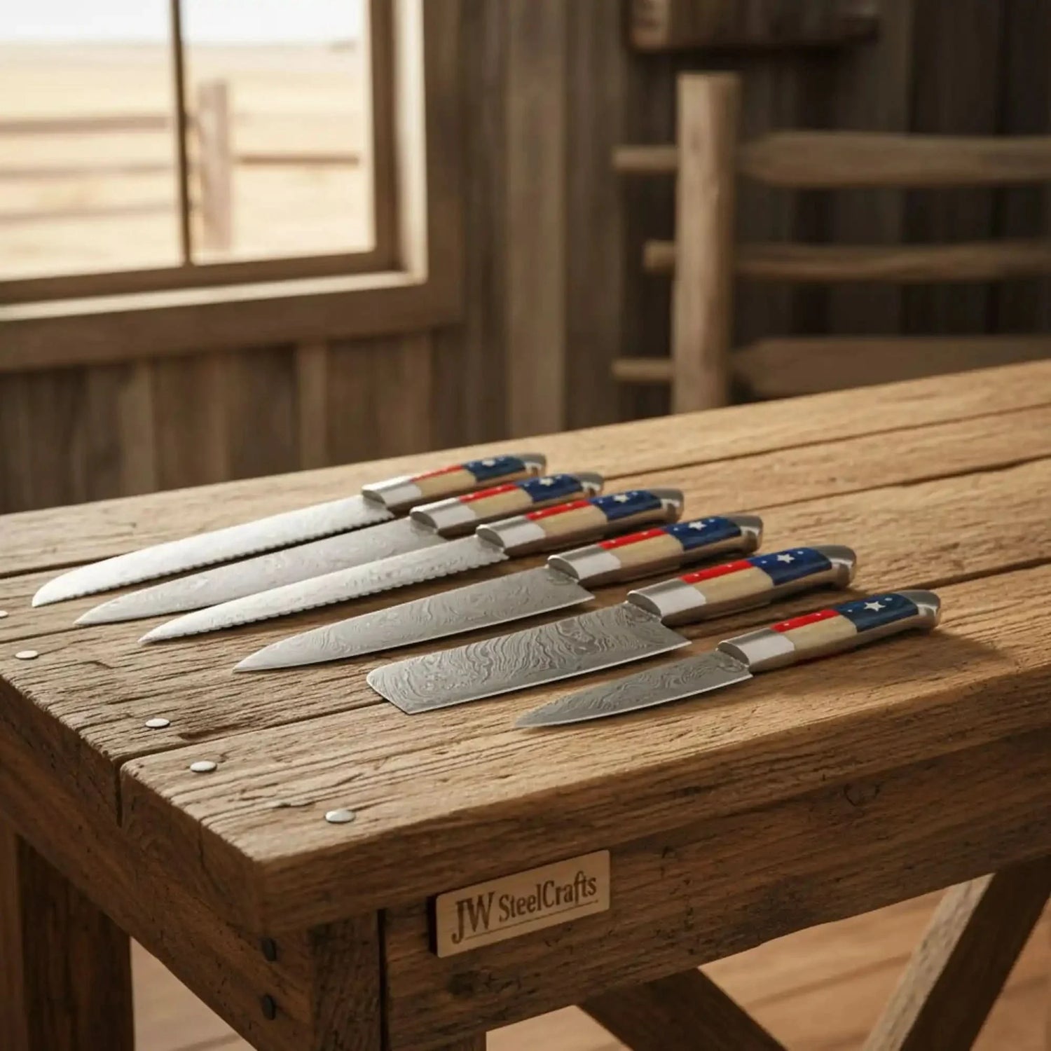 6-Piece Texas Flag Damascus Steak & Utility Knife Set — Pakka Wood & Bone Handles