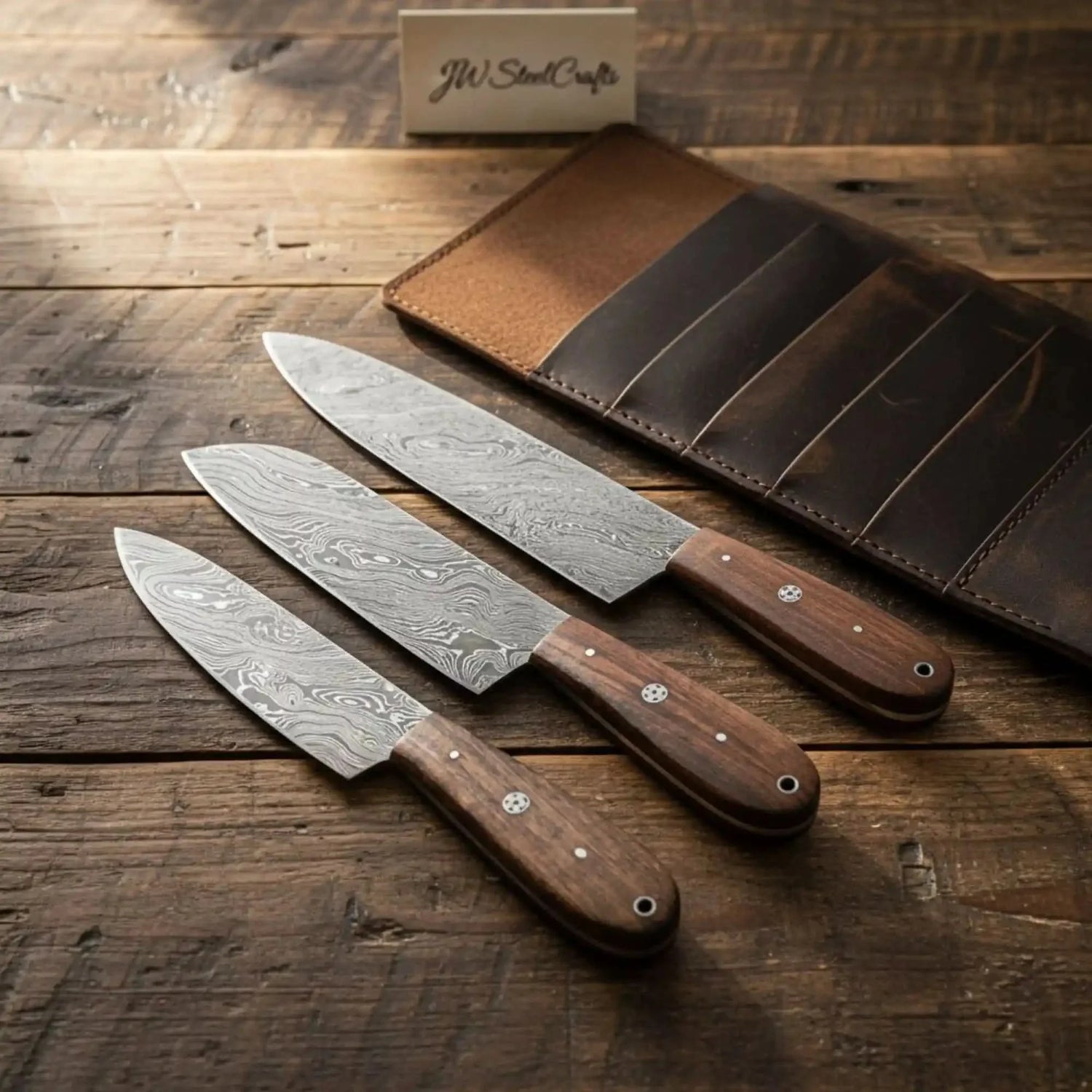 Handmade Damascus Steel Knife Set with Leather Roll, Rosewood Handle Kitchen Collection