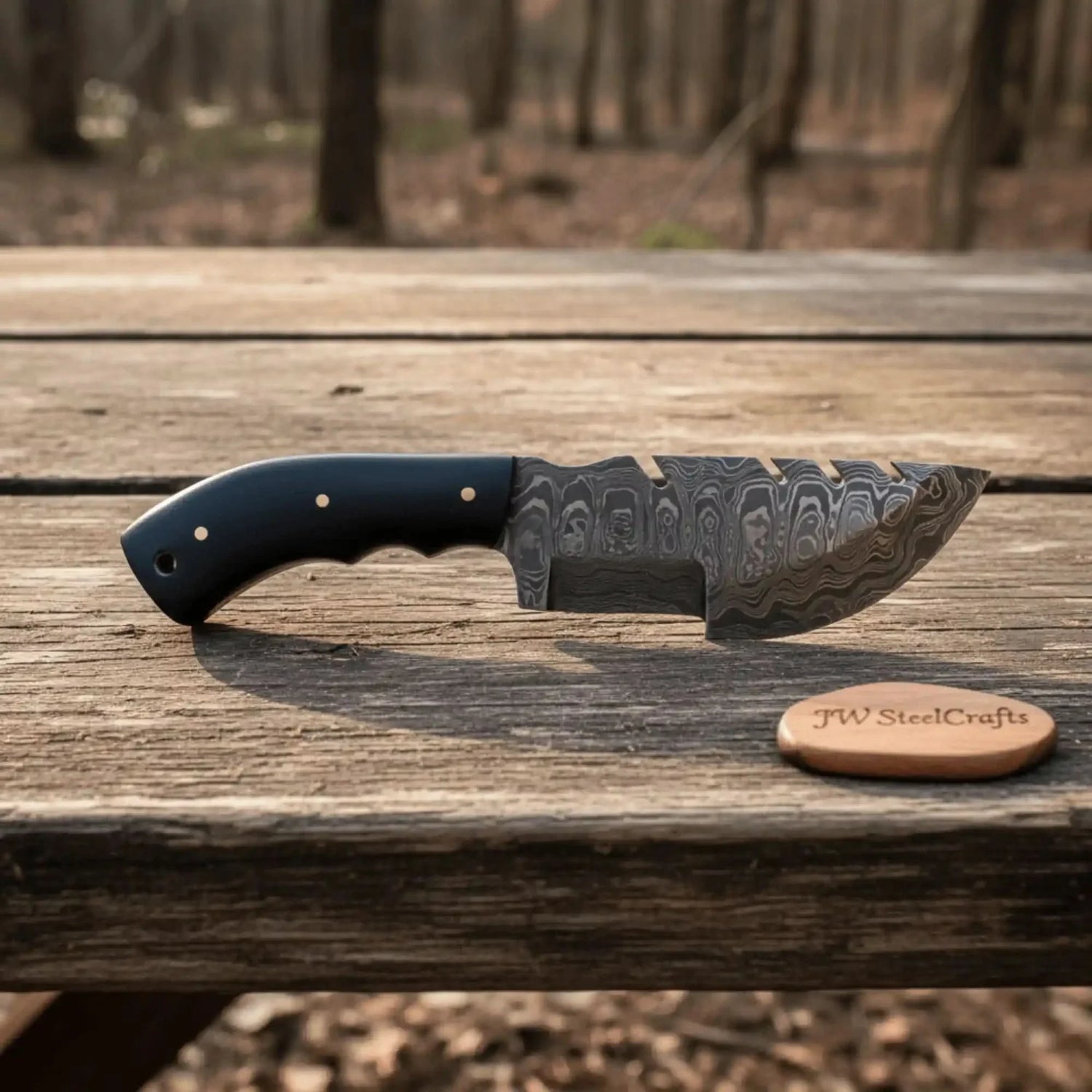 Handmade Damascus Tracker Knife with Black Micarta Handle, Fixed Blade Outdoor Hunting Knife