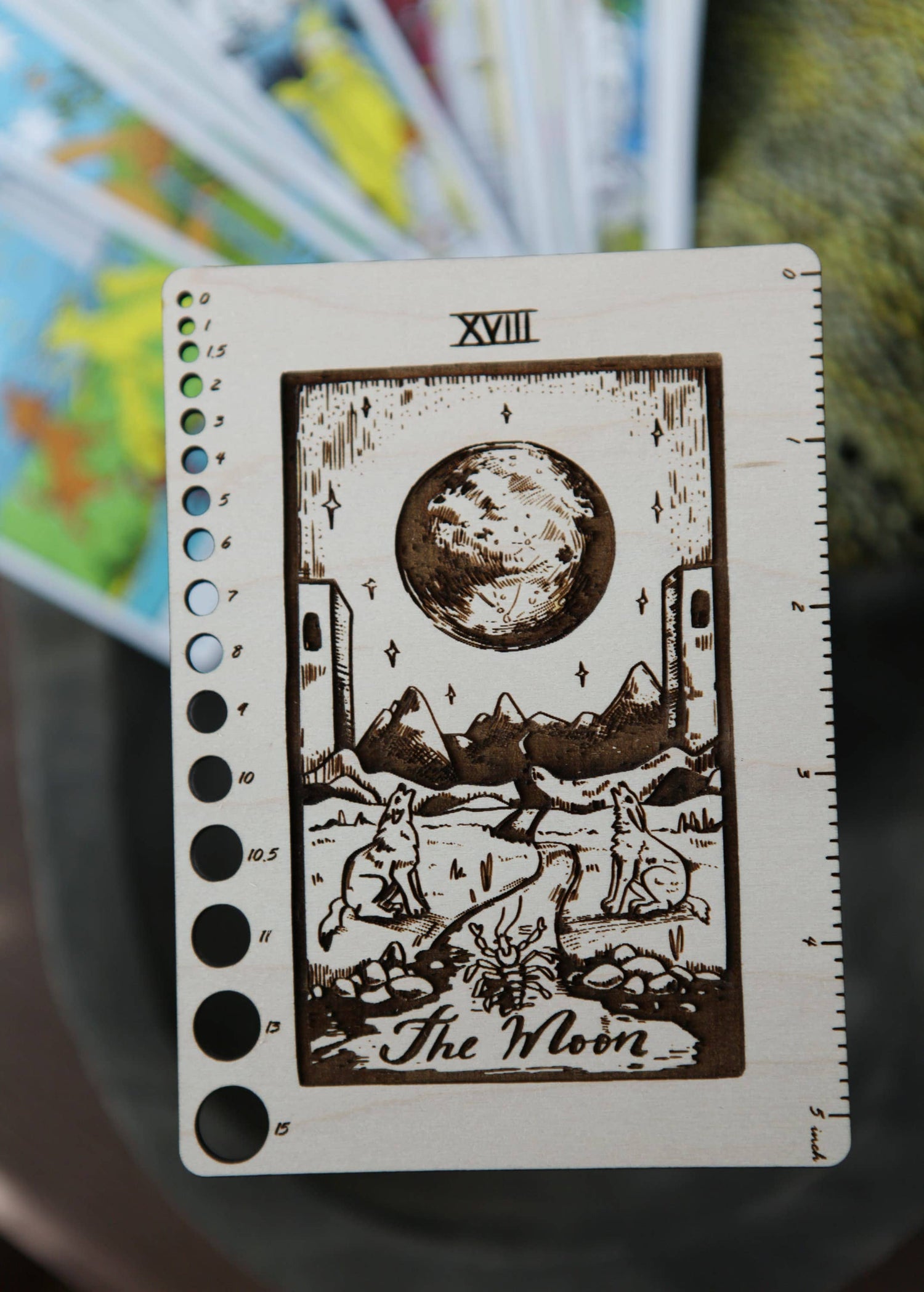 Maple Wood Moon Tarot Card Knitting Needle Gauge & 5