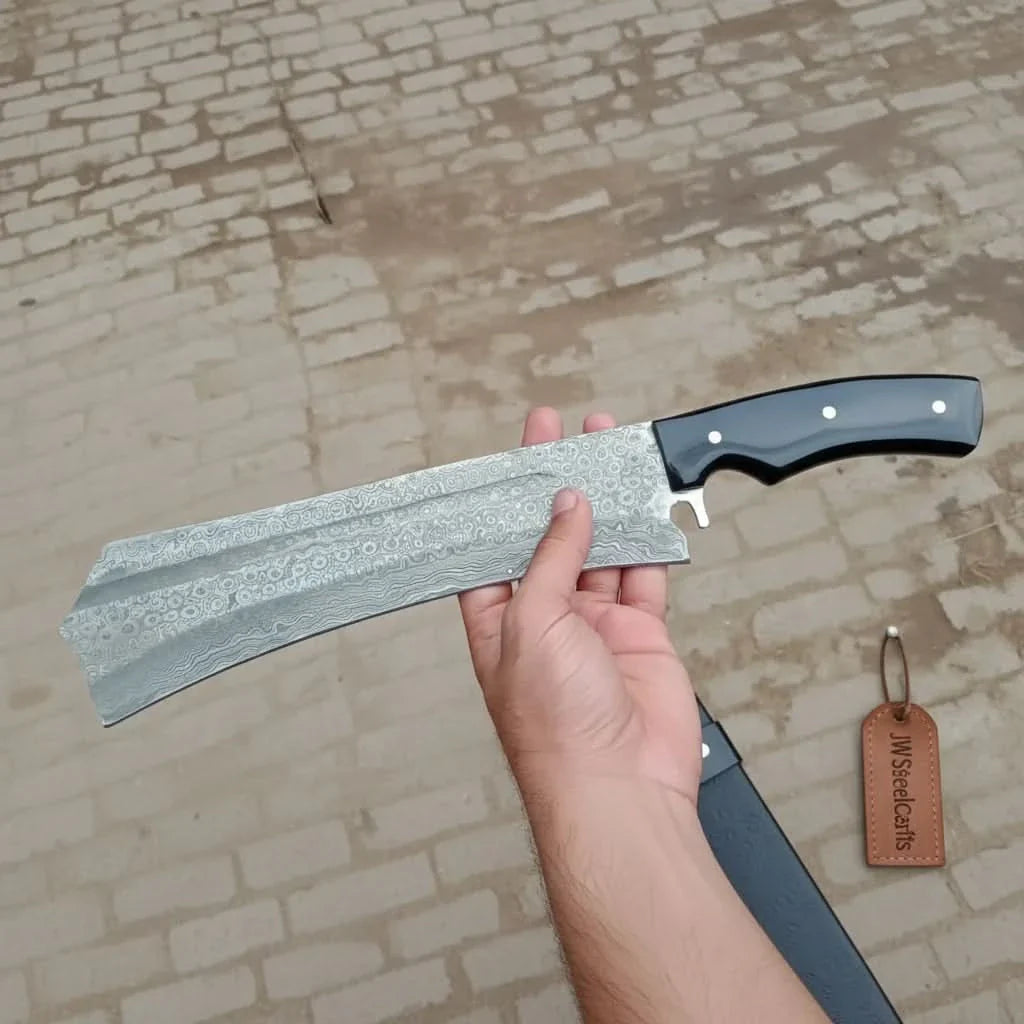 Forged Damascus K-Tip Nakiri Knife — Raindrop Pattern Blade, Black Resin Handle & Silver Pins | JW Steel Crafts
