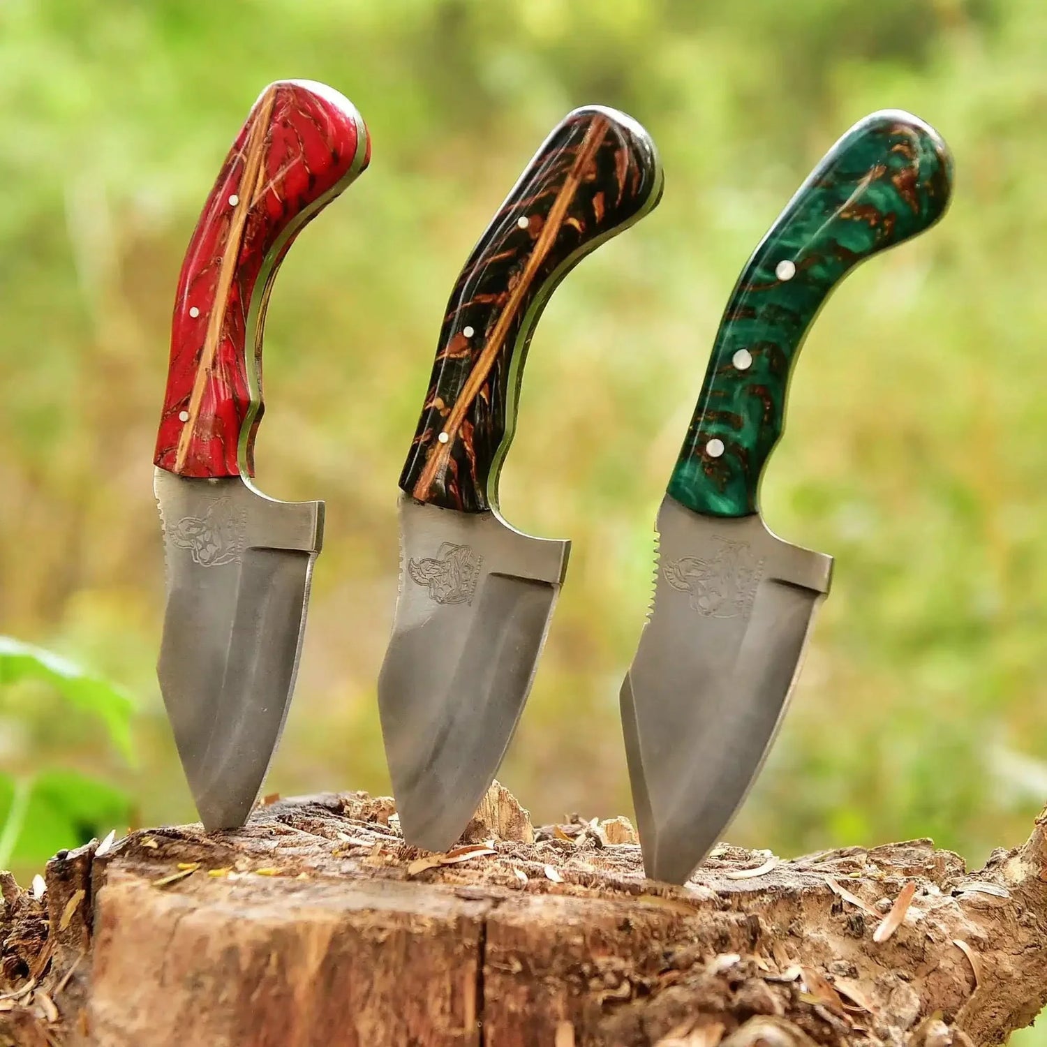 Acid Washed High Carbon Steel Hunting Knife — Pinecone Resin Handle in Red, Black or Green