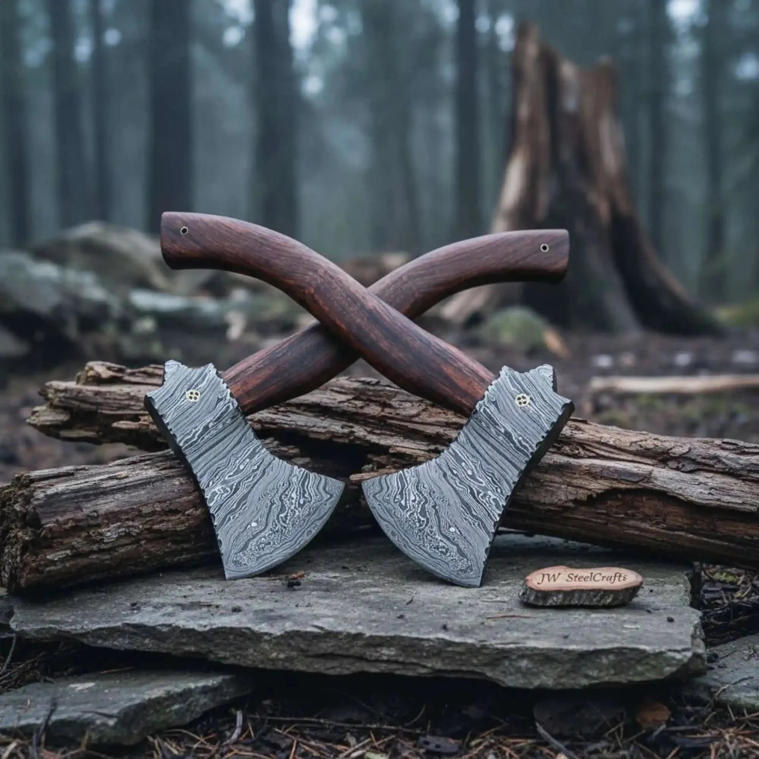 Hollowpine Twin Hatchet Set with Wood Grain Damascus Steel Heads