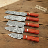 5-Piece Twisted Damascus Japanese Knife Set with Red Pakka Wood Handles