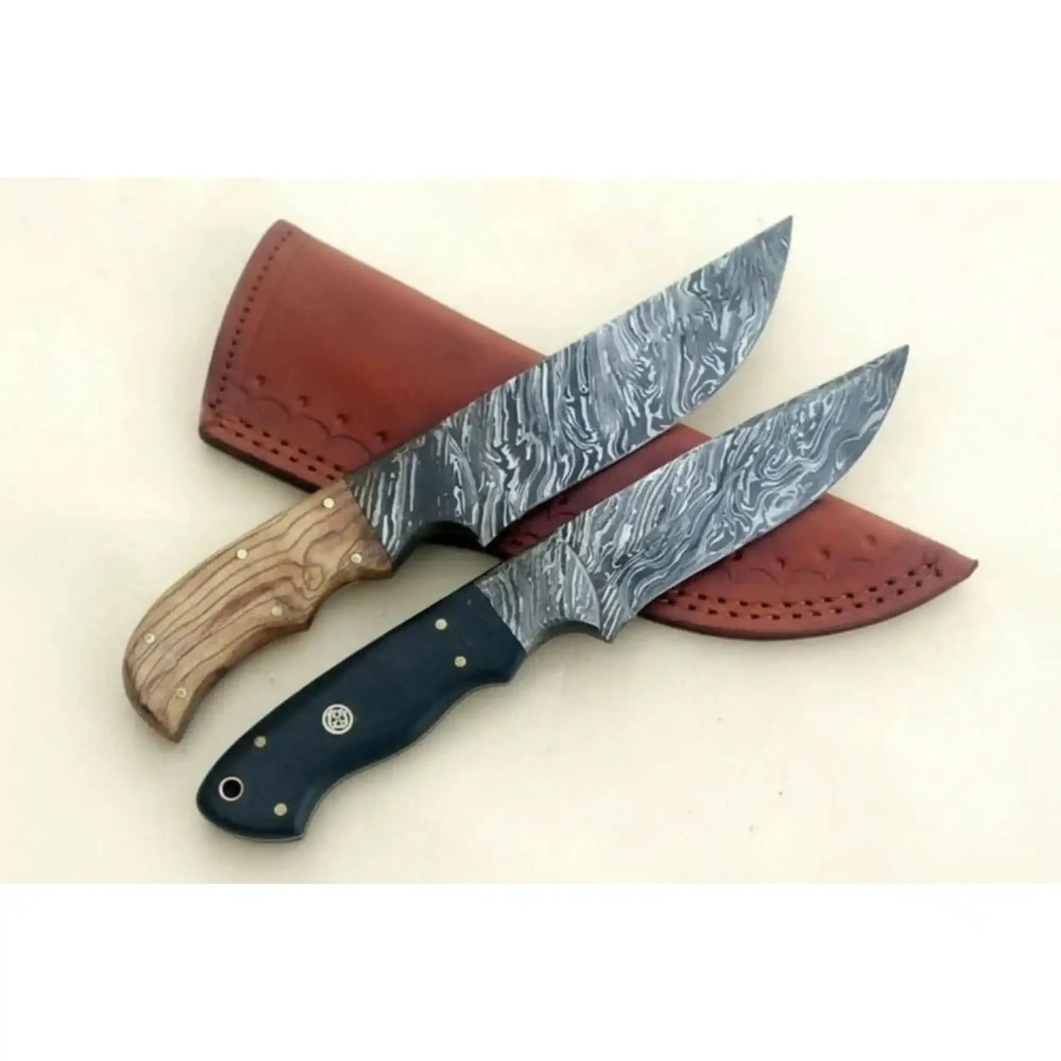 Handmade Damascus Steel Hunting Skinner Knife Lot of 2/ Fixed Blades knives with Leather Sheaths