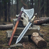 Custom Handmade Stainless Steel  Double Handed Viking axe set with Handmade Gladius piece