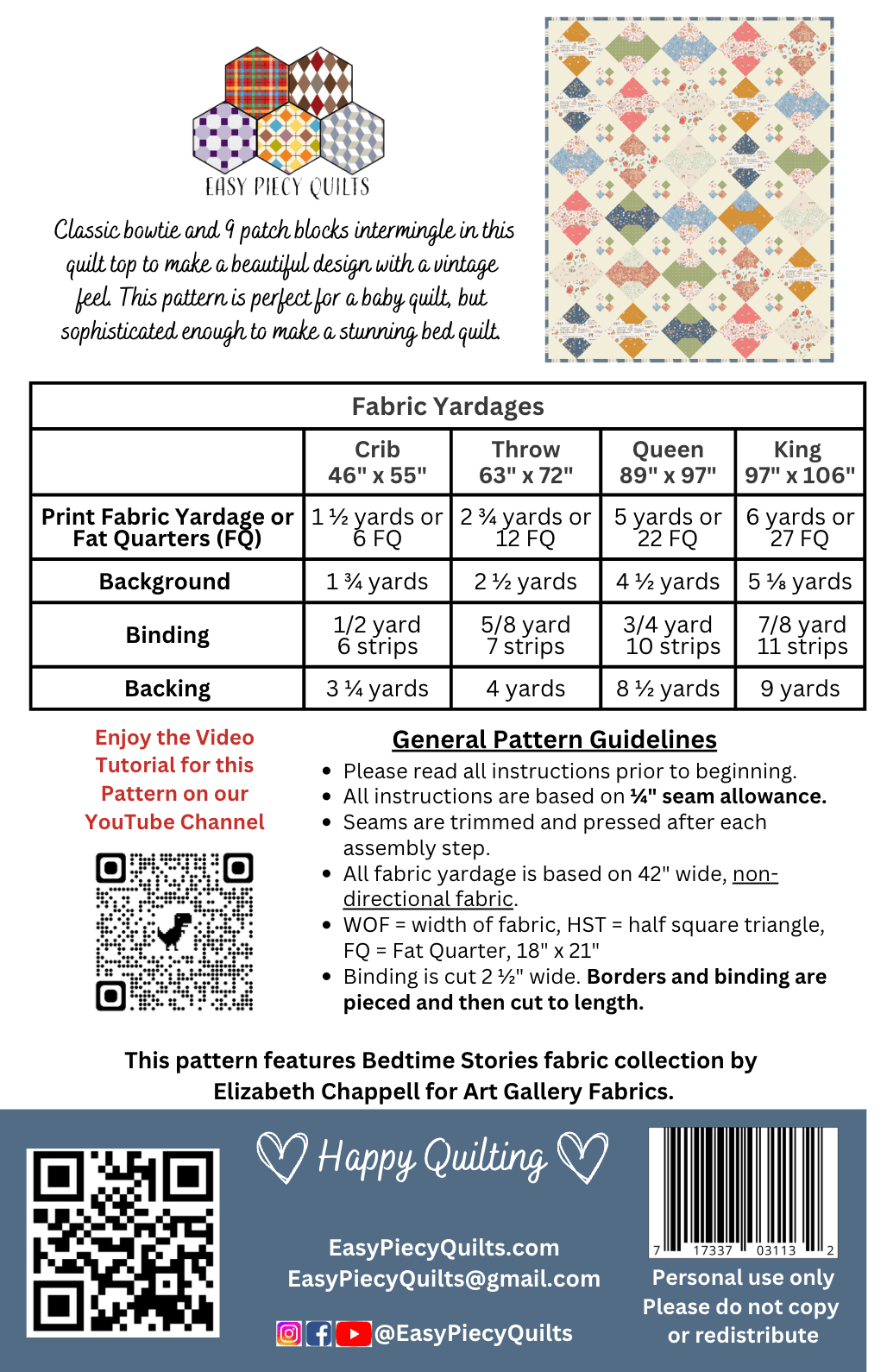 Vintage Bows Quilt Pattern - Paper Pattern