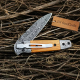 Damascus Steel Folding Knife with Olive Wood Handle