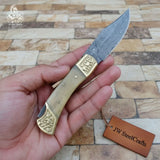 Handmade Damascus Steel Folding Pocket Knife with Bone Handle & Engraved Brass Bolsters