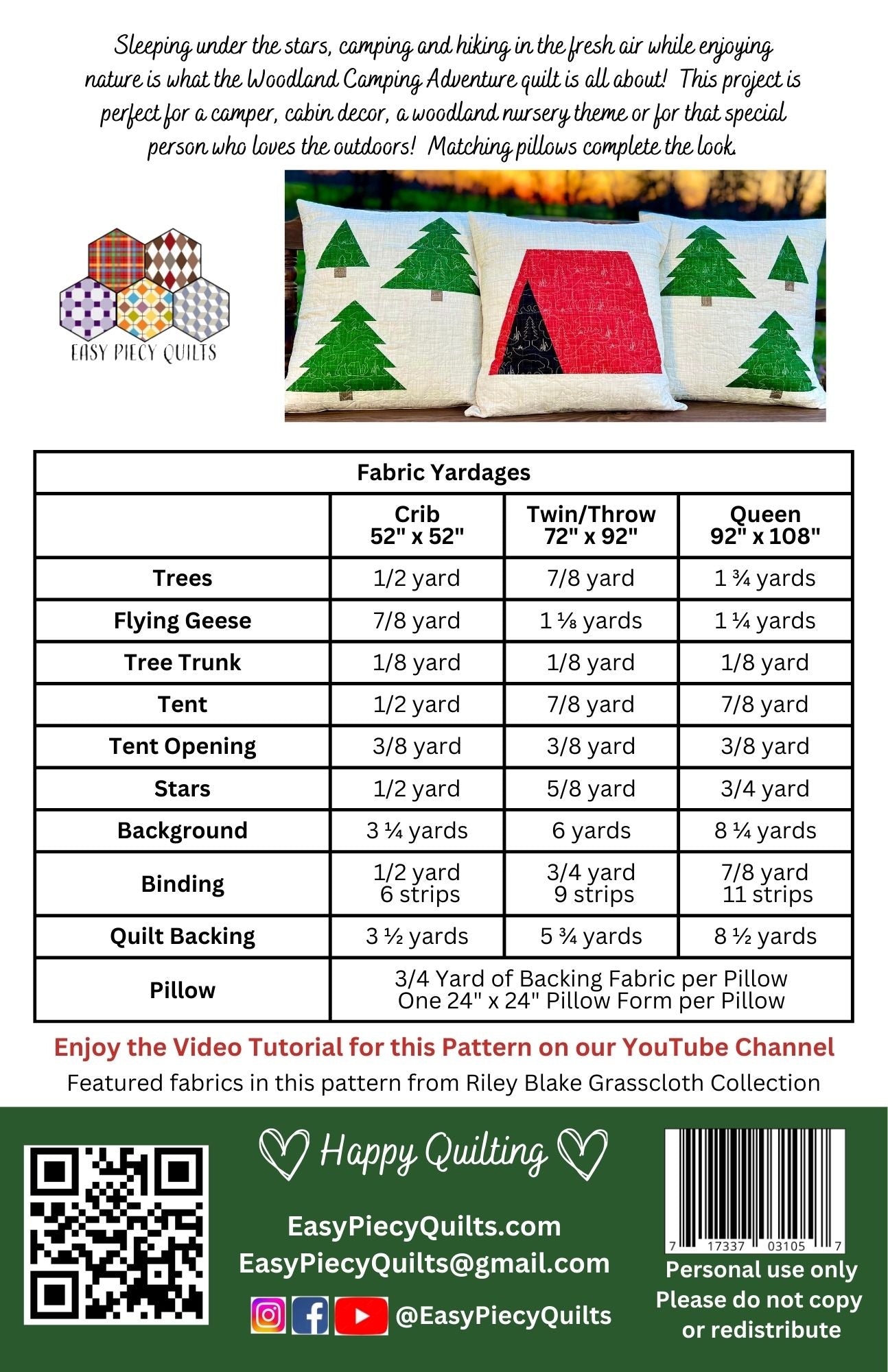 Woodland Camping Adventure Quilt Pattern - Paper Print Version